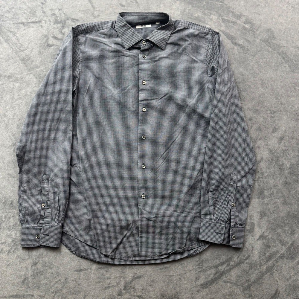 Uniqlo Mens Medium Navy Blue Micro Check Long Sleeve Button Down Cotton Shirt